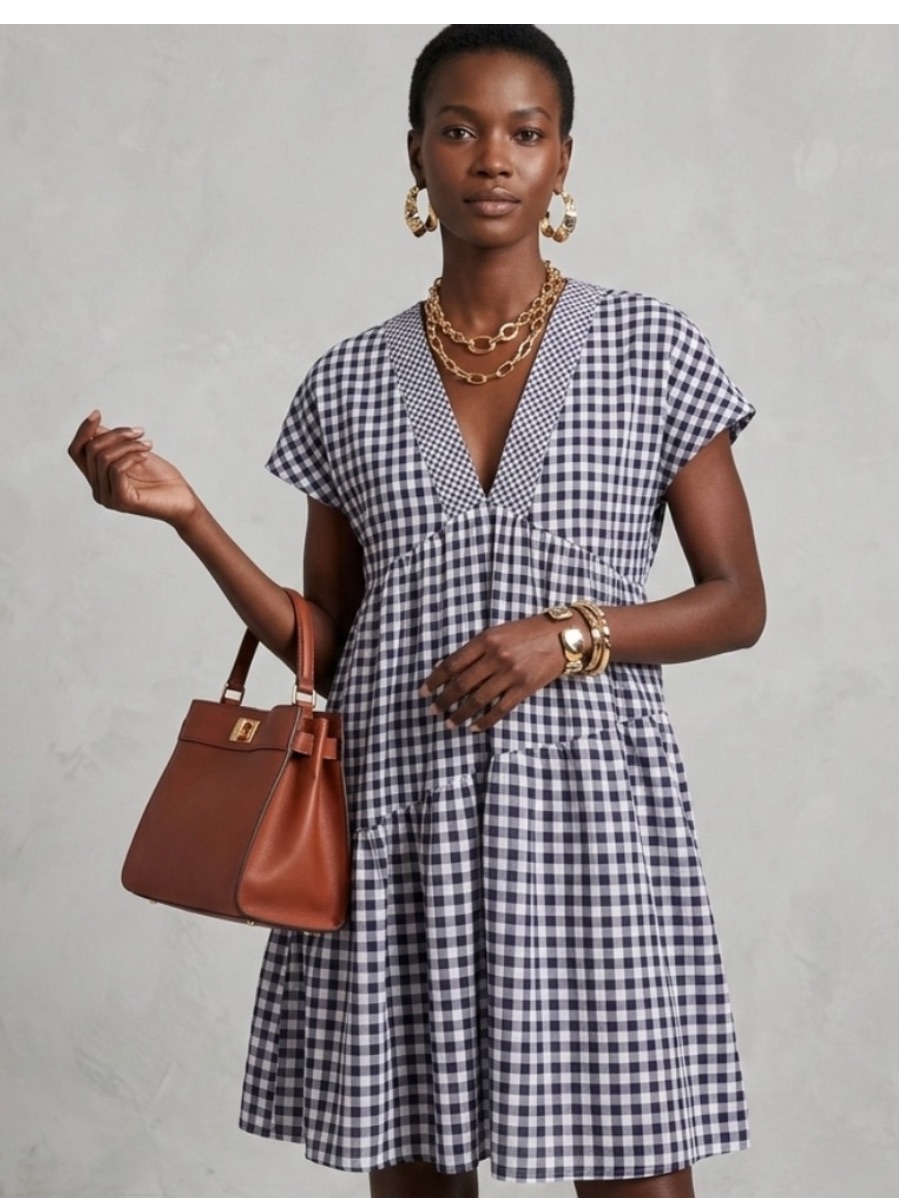 Anthropology 111 Tylho Navy White Gingham Vneck Pocket Babydoll Dress Nwt M